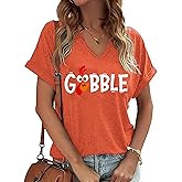 yawslaw Thanksgiving Shirt for Women Gobble Turkey Graphic Tshirt Letter Print Thankful Short Sleeve Shirt Tops