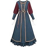 FCCAM Medieval Dress for Women Blue Long Sleeve Peasant Renaissance Costume with Vintage Belt