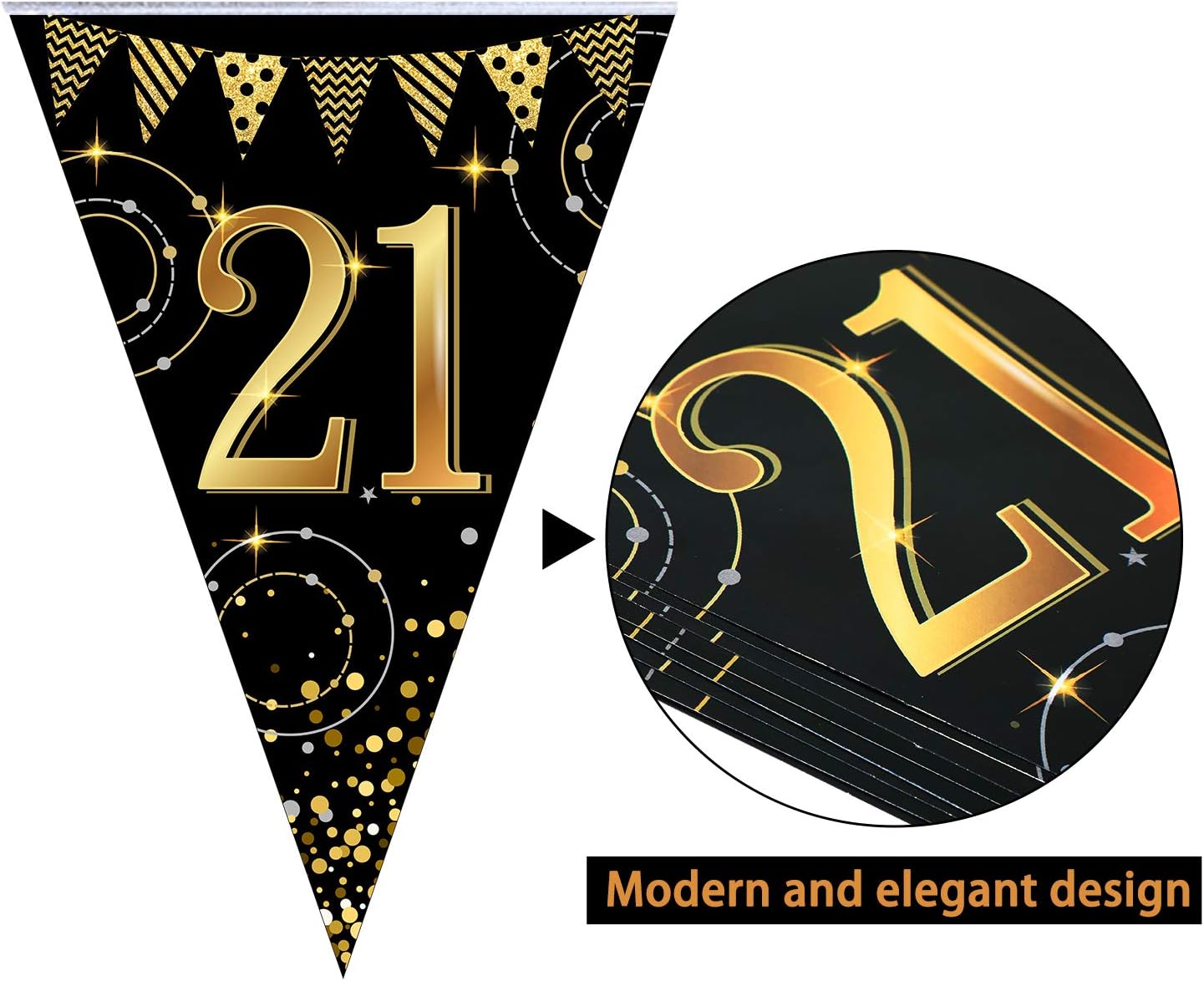 Frienda Happy 21st Birthday Banner Bunting Flags 5 Pcs 21st Birthday Party Decorations Men Women Gold and Black Glitter Decor Anniversary Party Supplies - Image 4