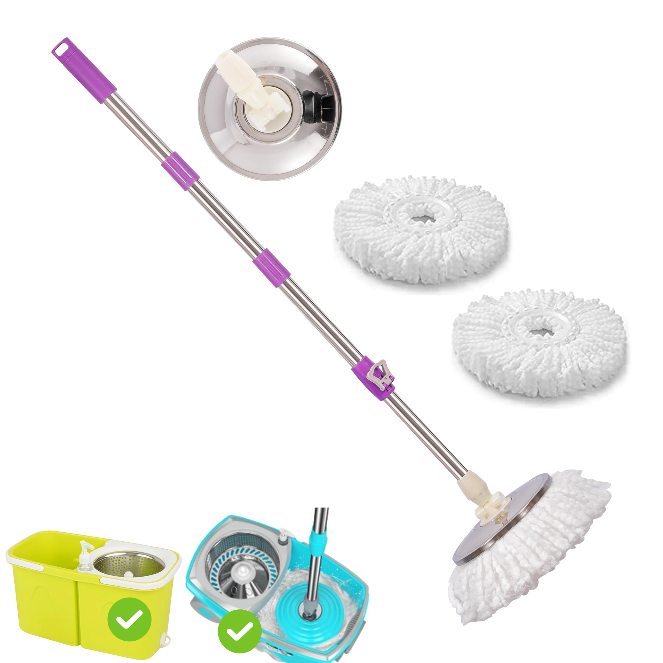 ARSUK Spin Mop Head Base Handle with 2 Microfibers Head Refills – Stainless Steel Mops Stick/Rod/Pole Replacement for 360° Spin Buckets Systems, Universal Mop Handle for Floor Cleaning