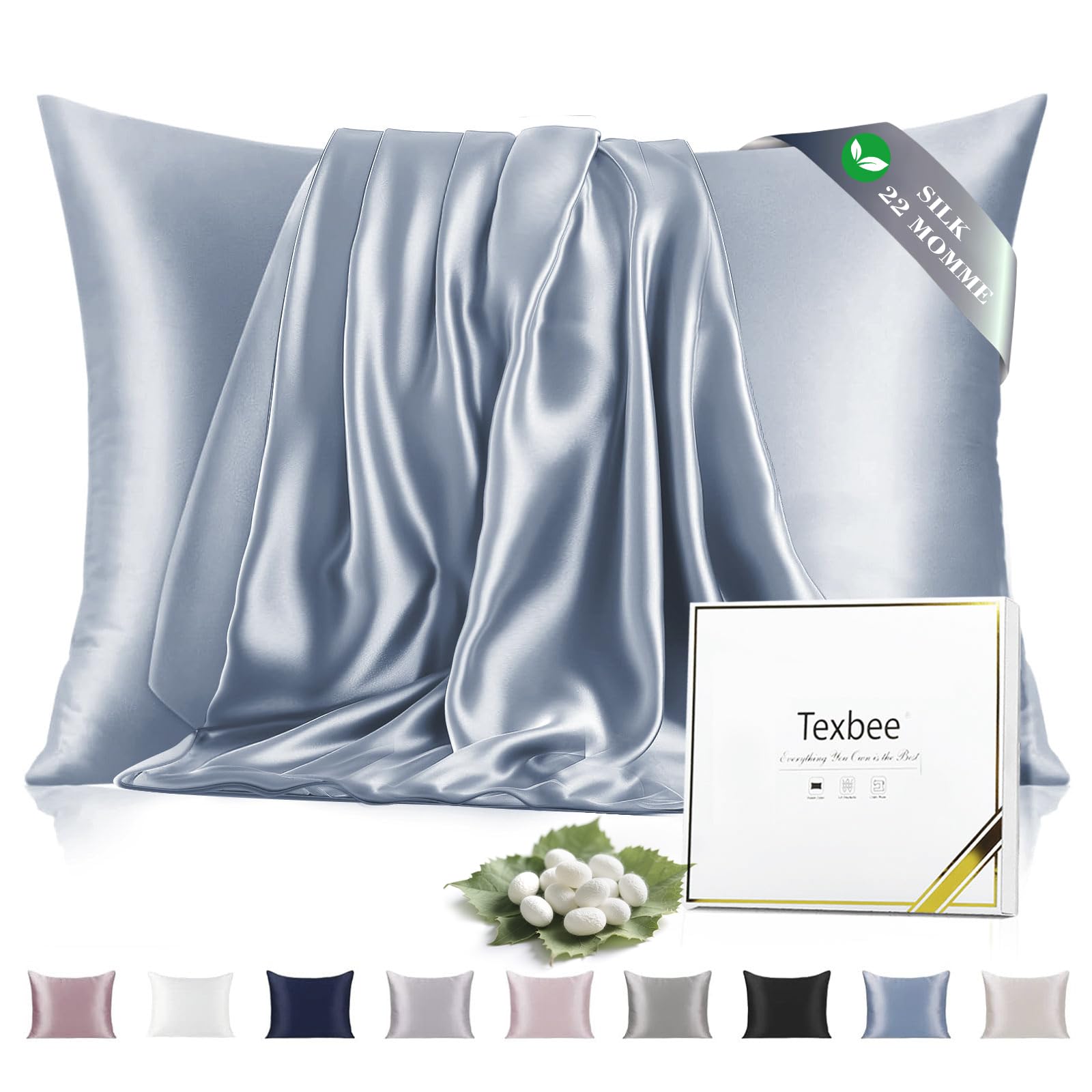 Texbee 100% Mulberry Silk Pillowcase for Hair and Skin with Hidden Zipper, Both Side 23 Momme Silk, Standard Size 1 Pack Gifts for Women Men (50x66CM, Flint Blue)