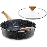 Deep Nonstick Frying Pan with Lid, 4.5 QT Swiss Granite Coating Sauté Pan, 12 Inch Healthy Non Stick Skillet Cooking Pan and Helper Handle with Silicone Cover, PFOA Free, Induction Ready.