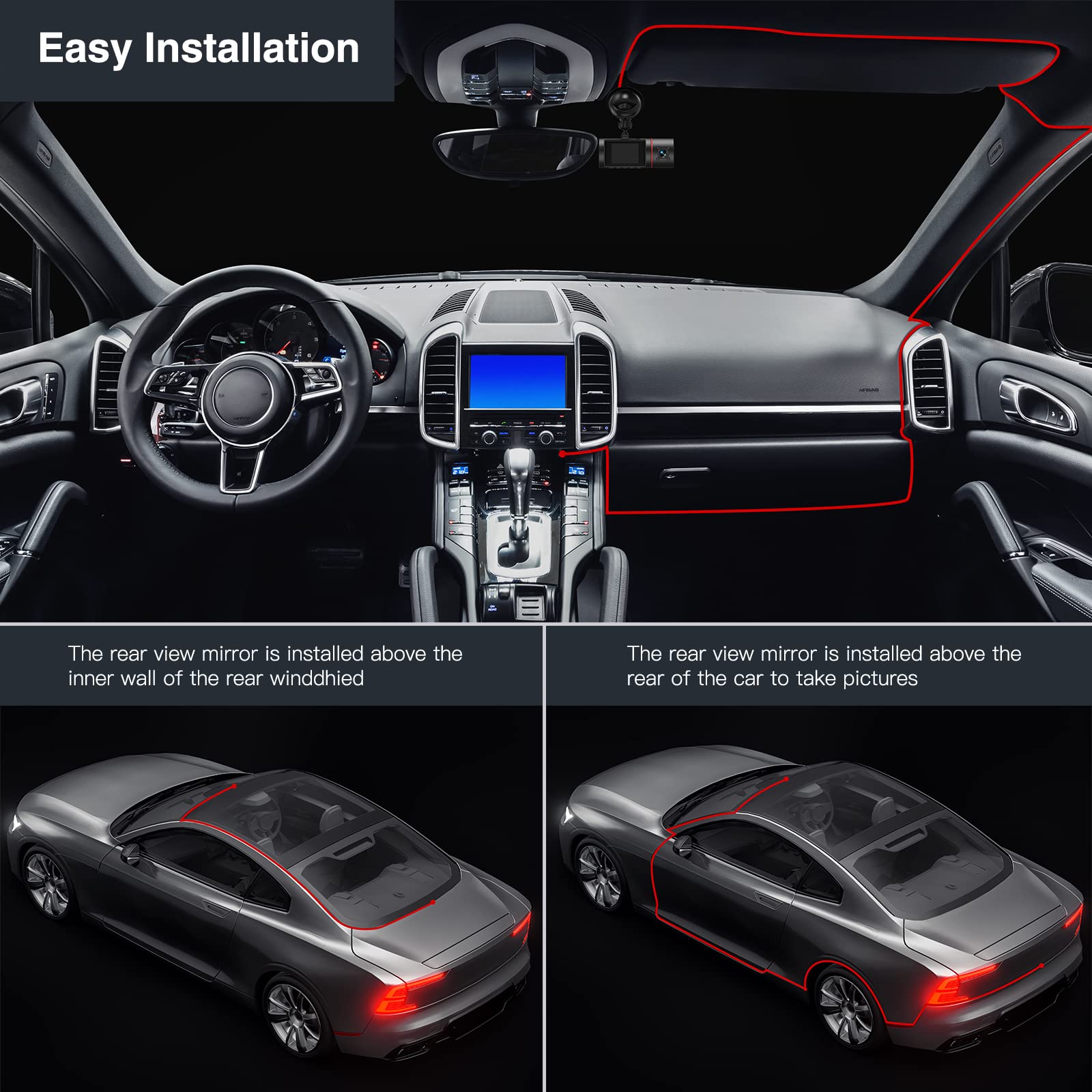 3 Channel Dash Cam Front and Rear Inside with 64GB Card,Milerong 1080P Dash Camera for Cars,Dashcam Three Way Triple Car Camera with IR Night Vision,Loop Recording,G-Sensor,24H Parking Mode…