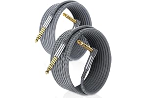 RUXELY 6.35mm TRS Instrument Cable 10FT 2-Pack,Right Angle 90 Degree 1/4 Inch Male Jack Stereo Audio Cord,6.35 Balanced Line 