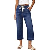 GRAPENT Capris Jeans for Women Trendy Wide Leg Capri Pants High Waisted Pull On Elastic Waist Summer Stretch Denim Jeans