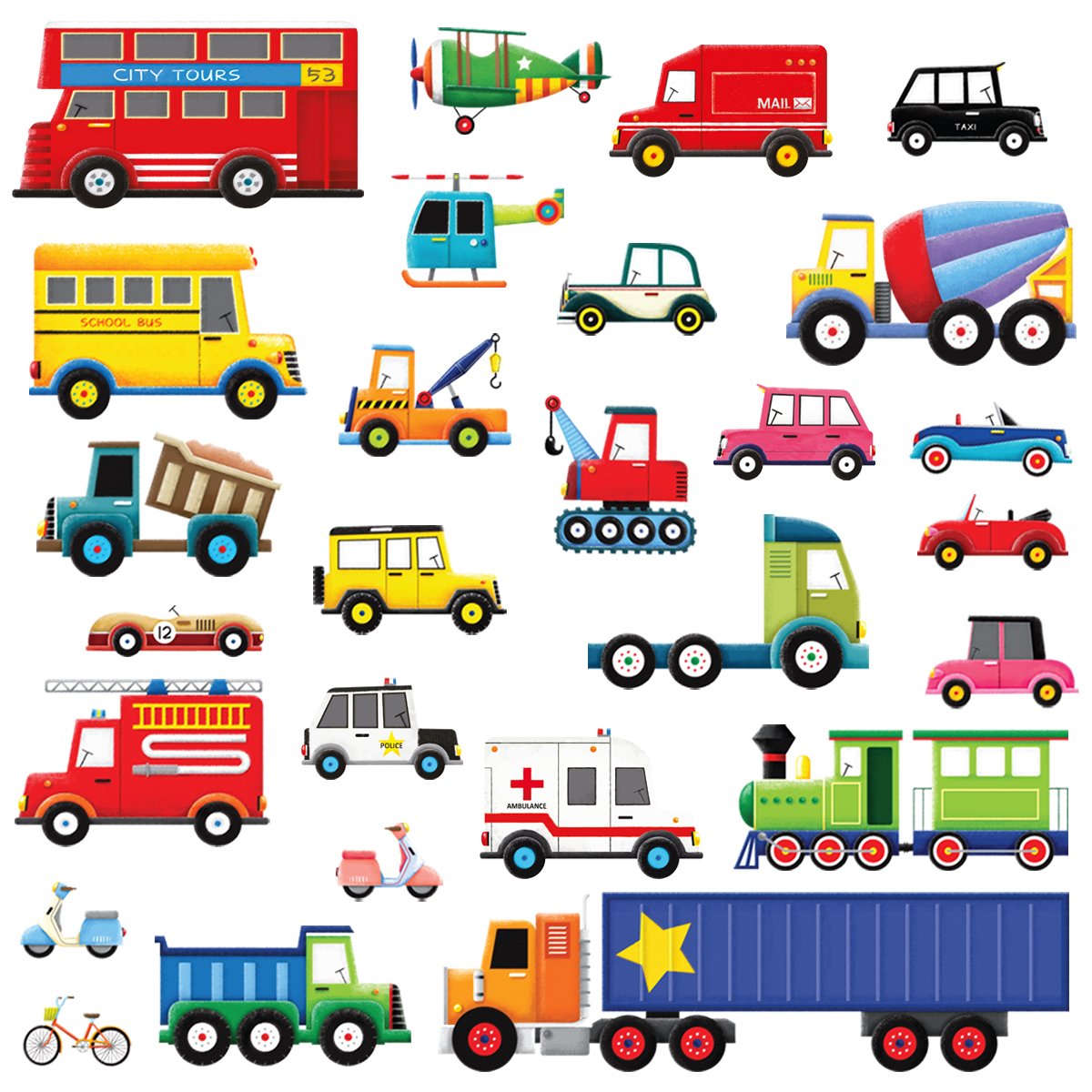 DECOWALL DW-1605 27 Transports Kids Wall Stickers Decals Peel and Stick Removable for Nursery Bedroom Living Room Art murals Decorations