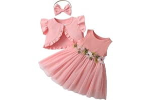 Sinipart Infant Baby Girls Floral Summer Dress Tulle One Piece Skirt Sleeveless Coat Headband 3PCS Outfits Set