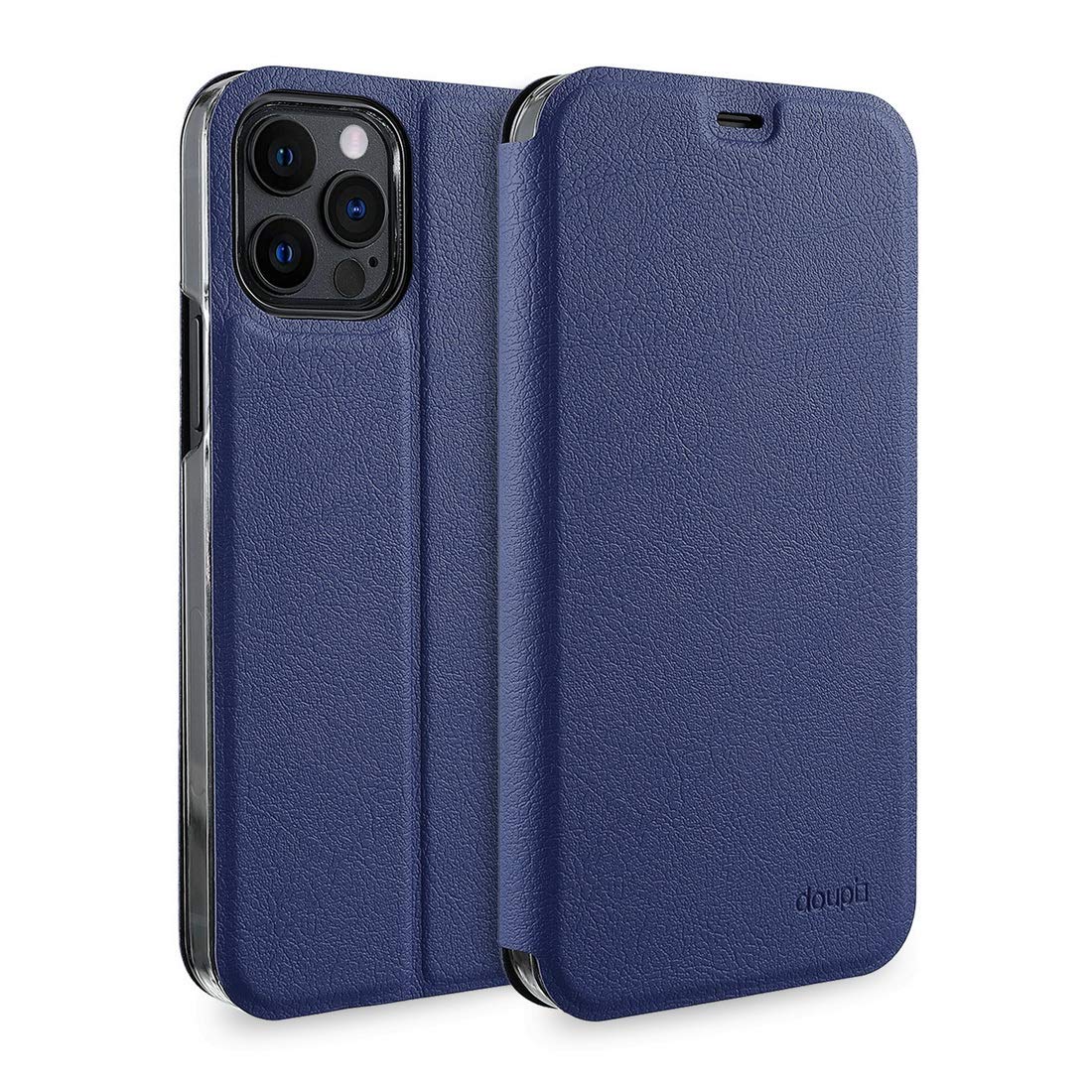 doupi FlipCase for iPhone 12 / iPhone 12 Pro (6.1 inch) - Deluxe Leatherette Magnet Book Style Screen Protector Stand Protective Flip Cover, dark blue