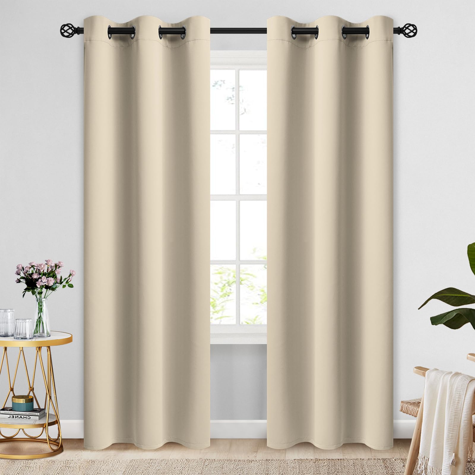Photo 1 of COSVIYA Blackout Curtains & Drapes Room Darkening Curtains 84 inch Length 2 Panels,Grommet Polyester Light Blocking Insulated Thermal Window Curtain for Bedroom/Living Room,Beige 42x84 inches
