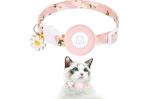 Airtag Cat Collar, JXFUKAL Kitten Collar Breakaway with Silicone Airtag Holder, Bells & Flower Charm for Girl Cats Boy Cats Small Dogs(Pink)