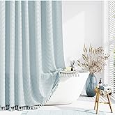 Dynamene Fog Blue Boho Fabric Shower Curtain, Tufted Chevron Striped Tassel Textured Shower Curtain for Bathroom, Farmhouse Elegant Waterproof Minimalist Cloth Shower Curtain Set, 12 Hook, 72x72