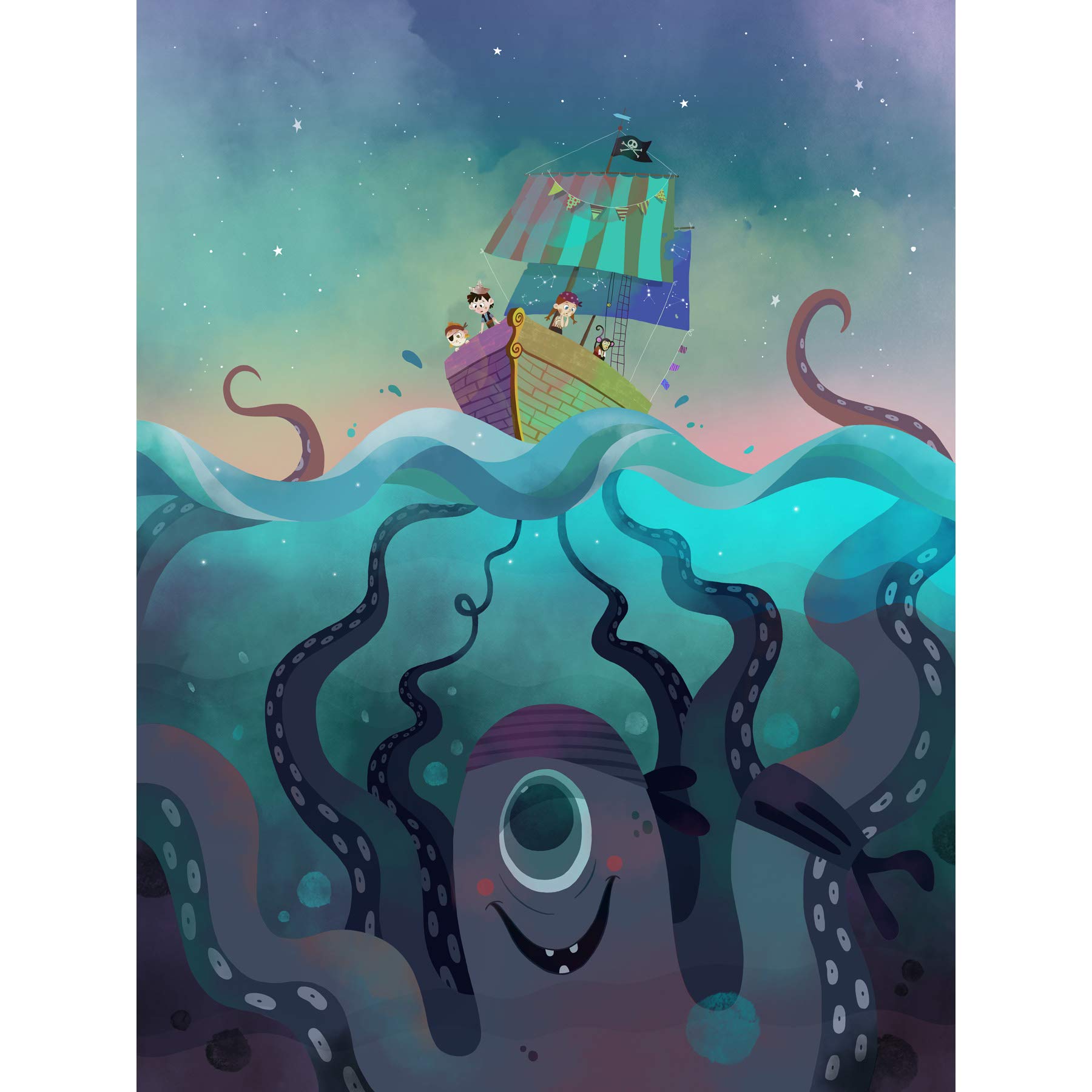 Wee Blue Coo Pirate Ship Octopus Canvas Wall Art Print