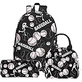 Batantec 3PCS Baseball Backpack Set for Boys, Large Lightweight 17 Inch Backpack with Lunch Bag & Pencil Case for Kids, Back to School Cool Sports Bookbag for Elementary Middle School - Black