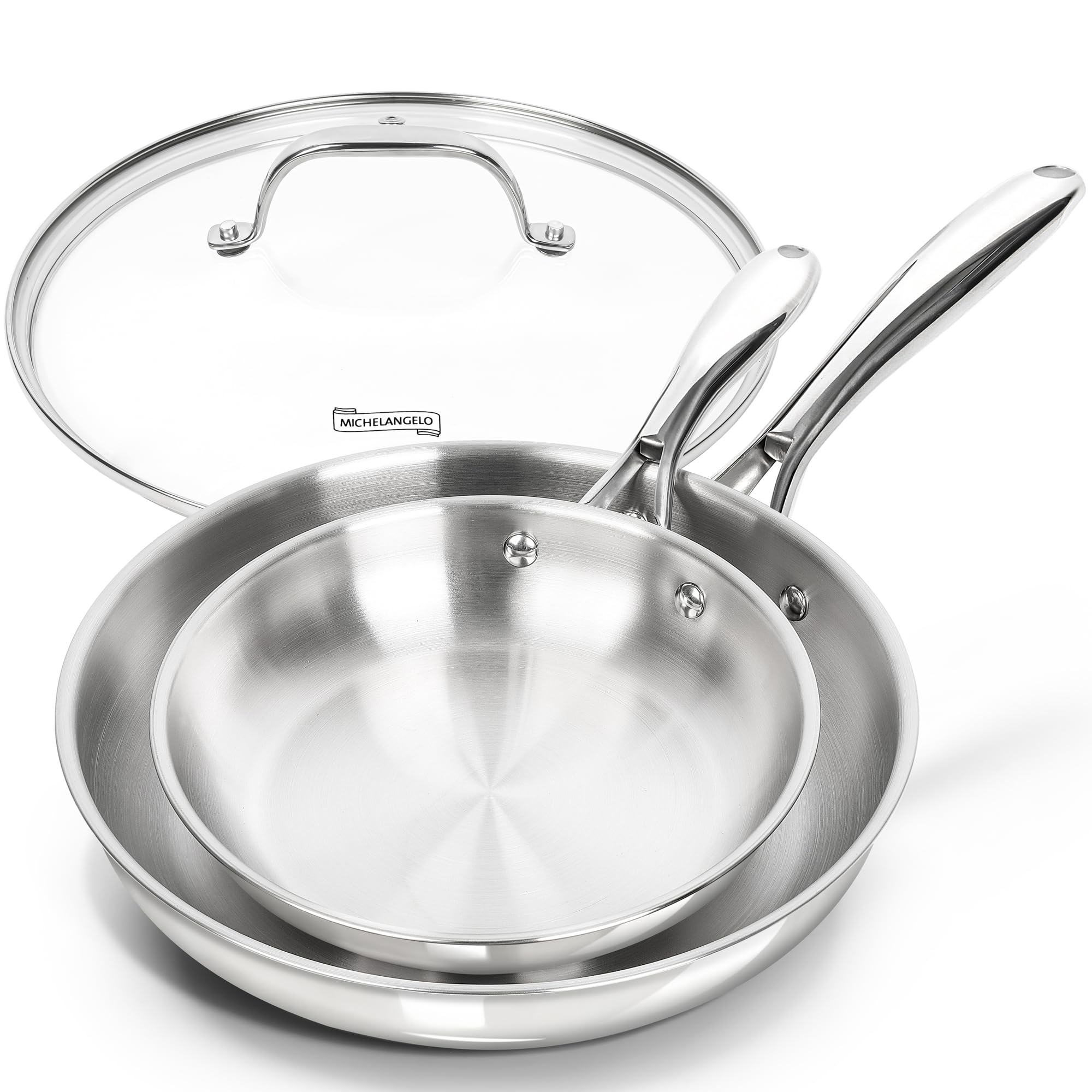 Photo 1 of ** NO LID ** MICHELANGELO Stainless Steel Frying Pan Set with Lid, 8" 10" Cooking Pan set with Triply Base, Stainless Steel Skillet with Ergonomic Handle, Induction Compatible