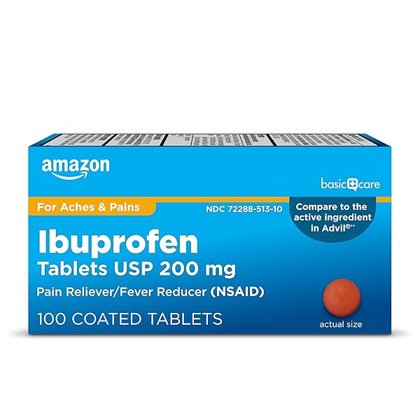 AMAZON BASIC CARE IBUPROFEN TABLETS 200 MG, PAIN RELIEVER/FEVER REDUCER, NSAID FOR BACKACHE, MENSTRUAL PAIN, ARTHRITIS, 100 COUNT (PACKAGING MAY VARY)