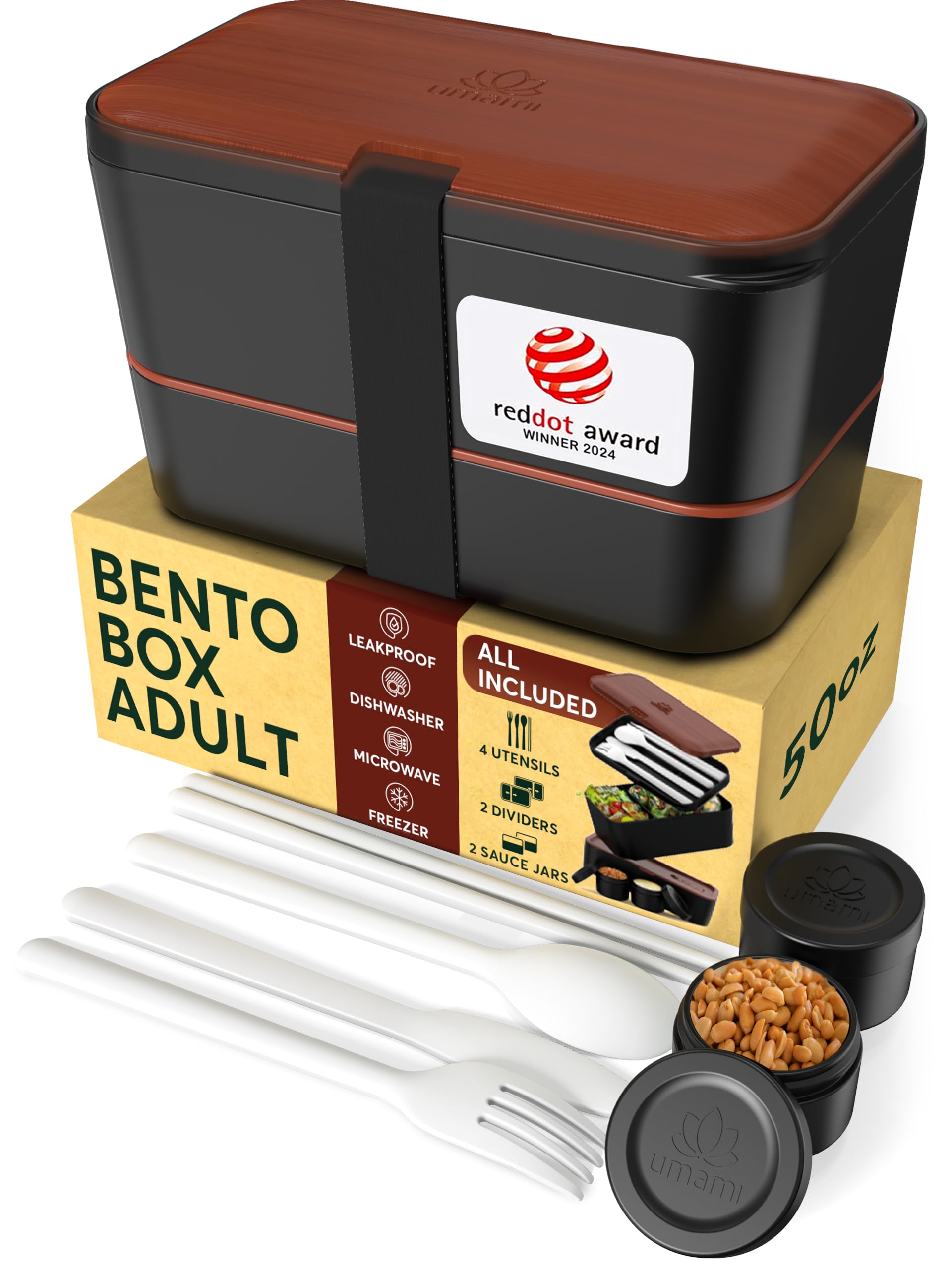 Umami Premium Bento Box Adult, Design Award Winner, Space-Saving Nestable Lunch Box w/Wood Lid, 4 Utensils, 2 Sauce Jars, 100% Leakproof, Microwave Safe Lunch Containers for Adults
