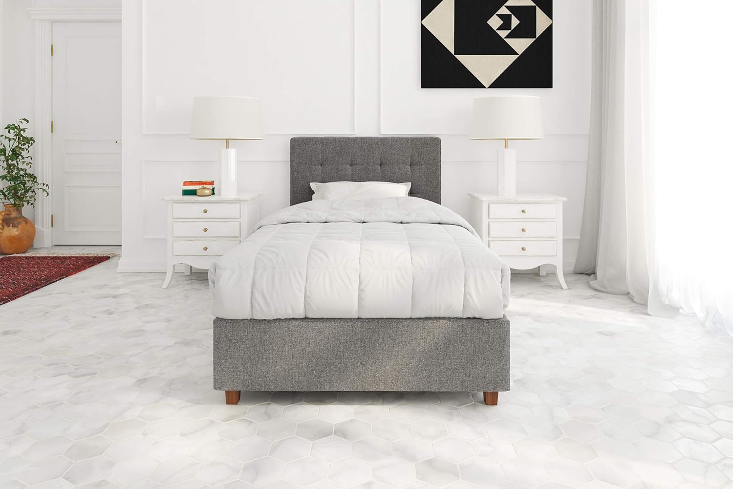 Best Full Size Platform Bed Frame Upholstered Gray Linen Headboard With Wood Slats