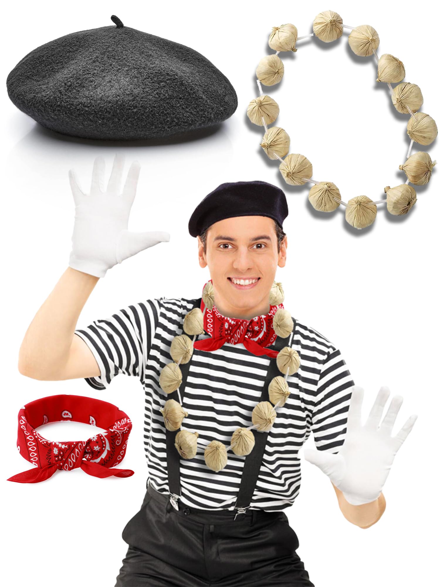 Mega_Jumble Men's French Day Themed Party, Frenchman Mime Artist Fancy Dress Costume Set, T-Shirt, Beret, Scarf, Garland (XXL)