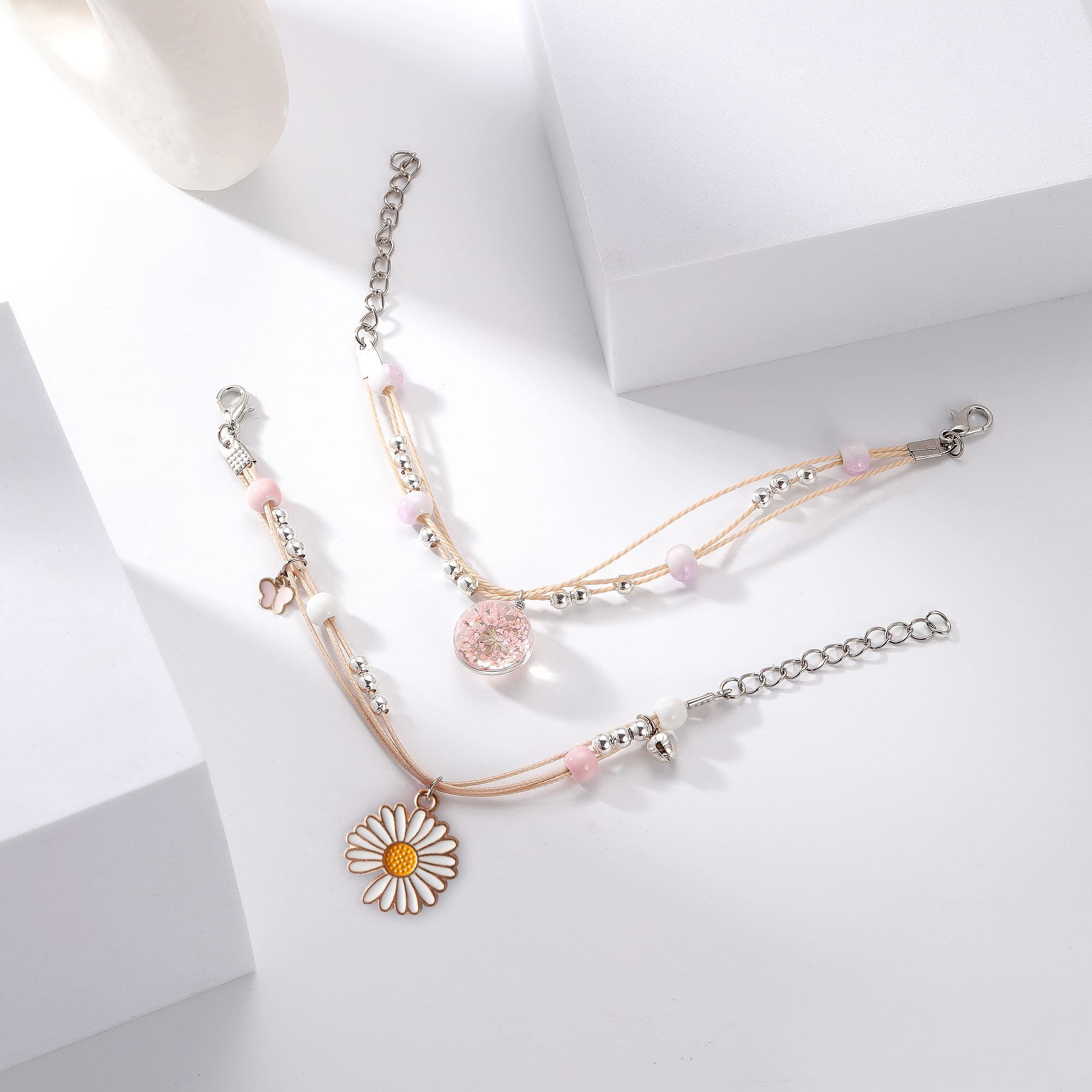 DS 4PCS Beaded Charm Bracelets for Teen Girls Dainty cute cartoon Crystal Beads Pearl Bracelets anklets set for woman and girls Adjustable Stretch bracelet birthday Gift For Friends