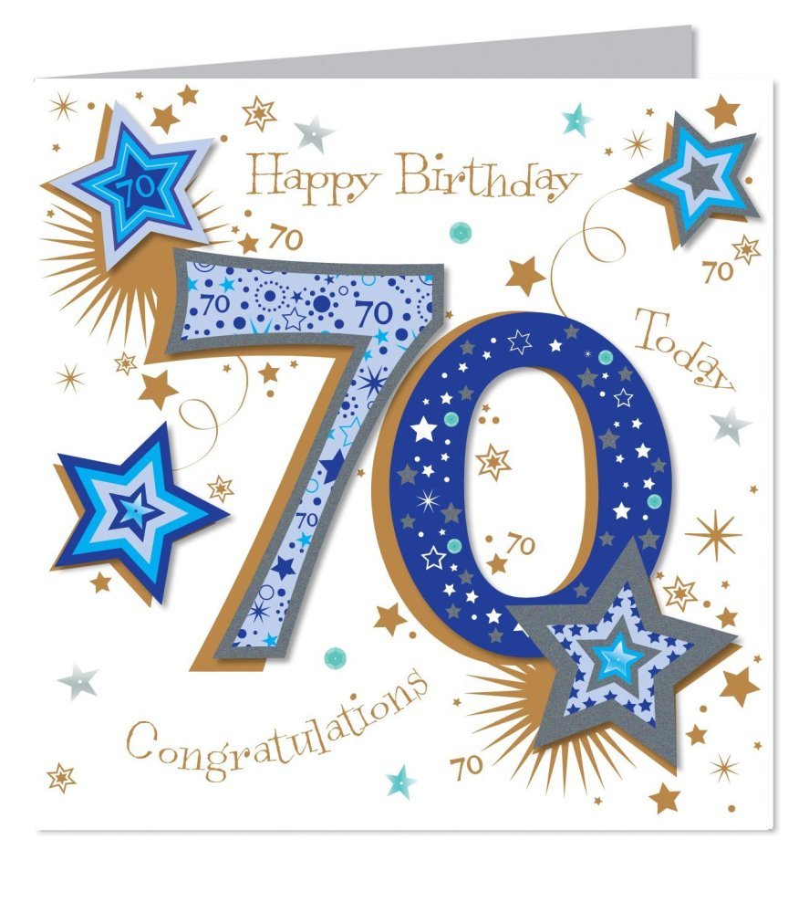 Ling Design Handmade 70th Birthday Greeting Card - for Him - Blue Stars and Gold Foil Finish