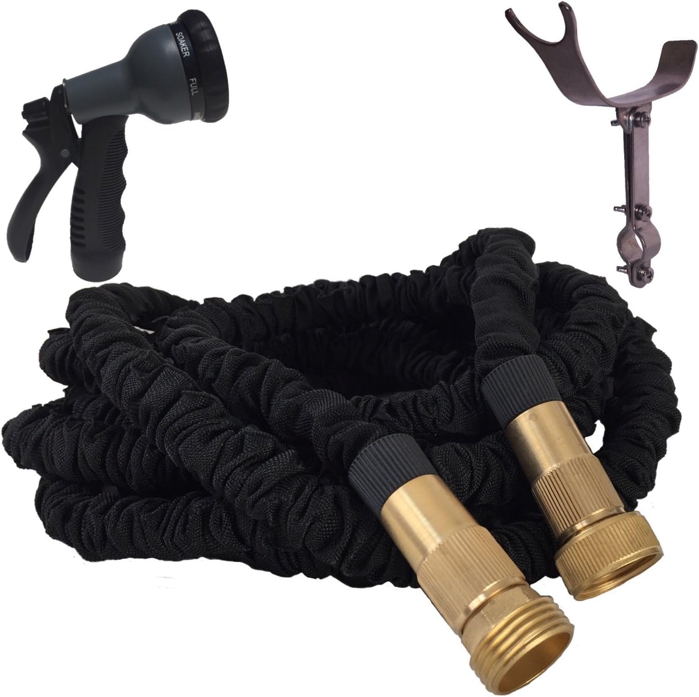 TruTec 100 Foot Black Expandable Garden Hose, Strongest, Stainless Steel Holder (pat Pend.), Brass Fittings with Strain Reliever, Rugged Nylon Fabric, Double Latex Core, 8 Way Sprayer