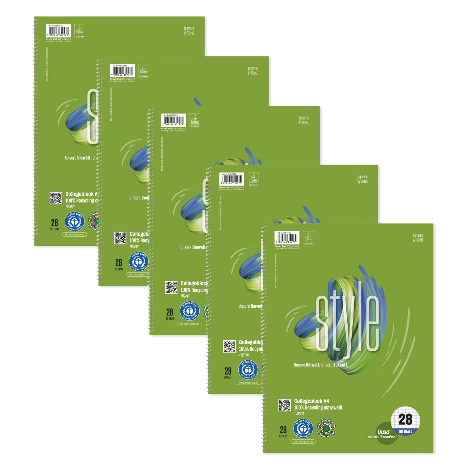 Staufen Ursus Style College Notepad, Pack of 5, DIN A4, Line Style 28 (5 mm Squared with Margins), 80 Sheets, 4-Hole Punch, Premium White 70 g/m² Recycled Paper, Green