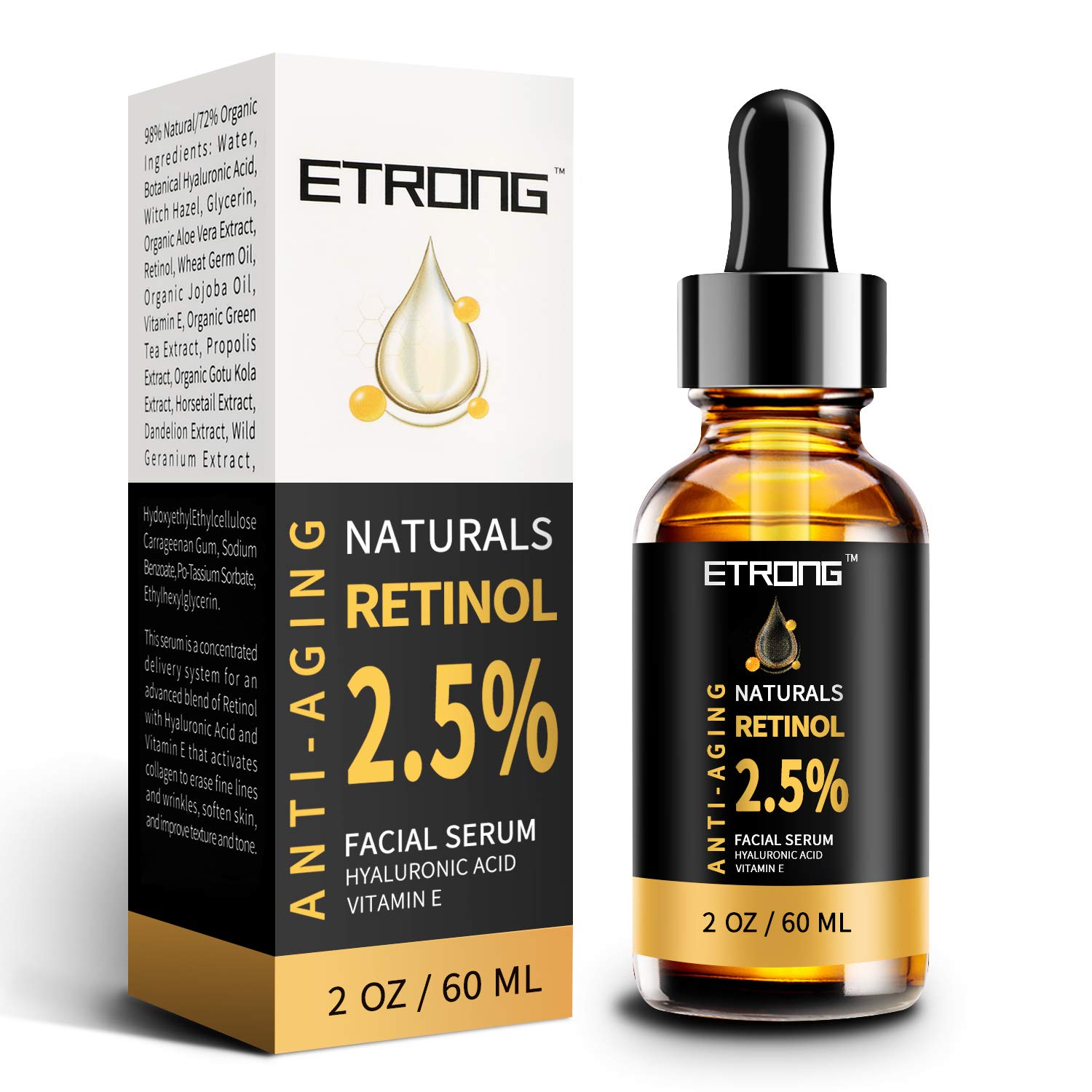 2oz Retinol Serum,ETRONG High Strength Anti-aging Serum with 2.5% Retinol,Hyaluronic Acid and Vitamin E for Face Acne (60ml)