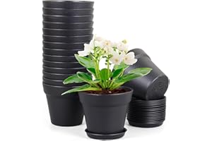 Meowell 6 inch Nursery Pots, 16 Pack Plastic Plant Pots for Indoor Outdoor Plants, Flower Pots with Drainage Holes and Saucers, Decorative Seedling Starter Planters for House Plants, Black