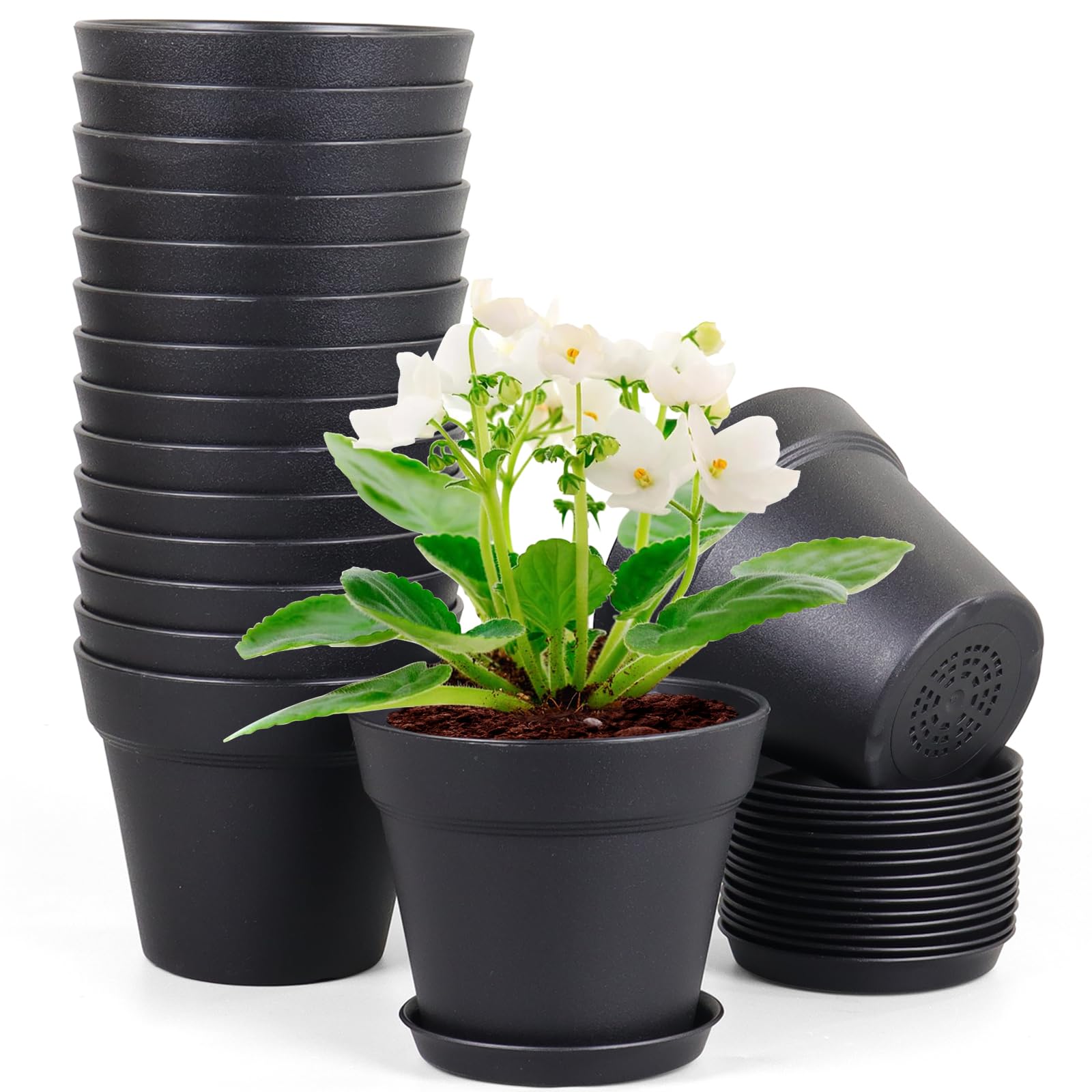 Photo 1 of Meowell 6 inch Nursery Pots, 16 Pack Plastic Plant Pots for Indoor Outdoor Plants, Flower Pots with Drainage Holes and Saucers, Decorative Seedling Starter Planters for House Plants, Black