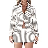 VOIKERDR Sexy Skirt Sets Women 2 Piece Outfits Striped Print Button Down Shirt and Mini Skirt Going Out Outfits