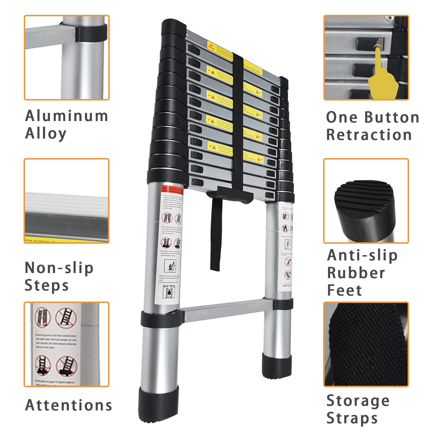 Telescoping Extension Ladder 14.5 FT, Folding Telescopic Aluminum ...