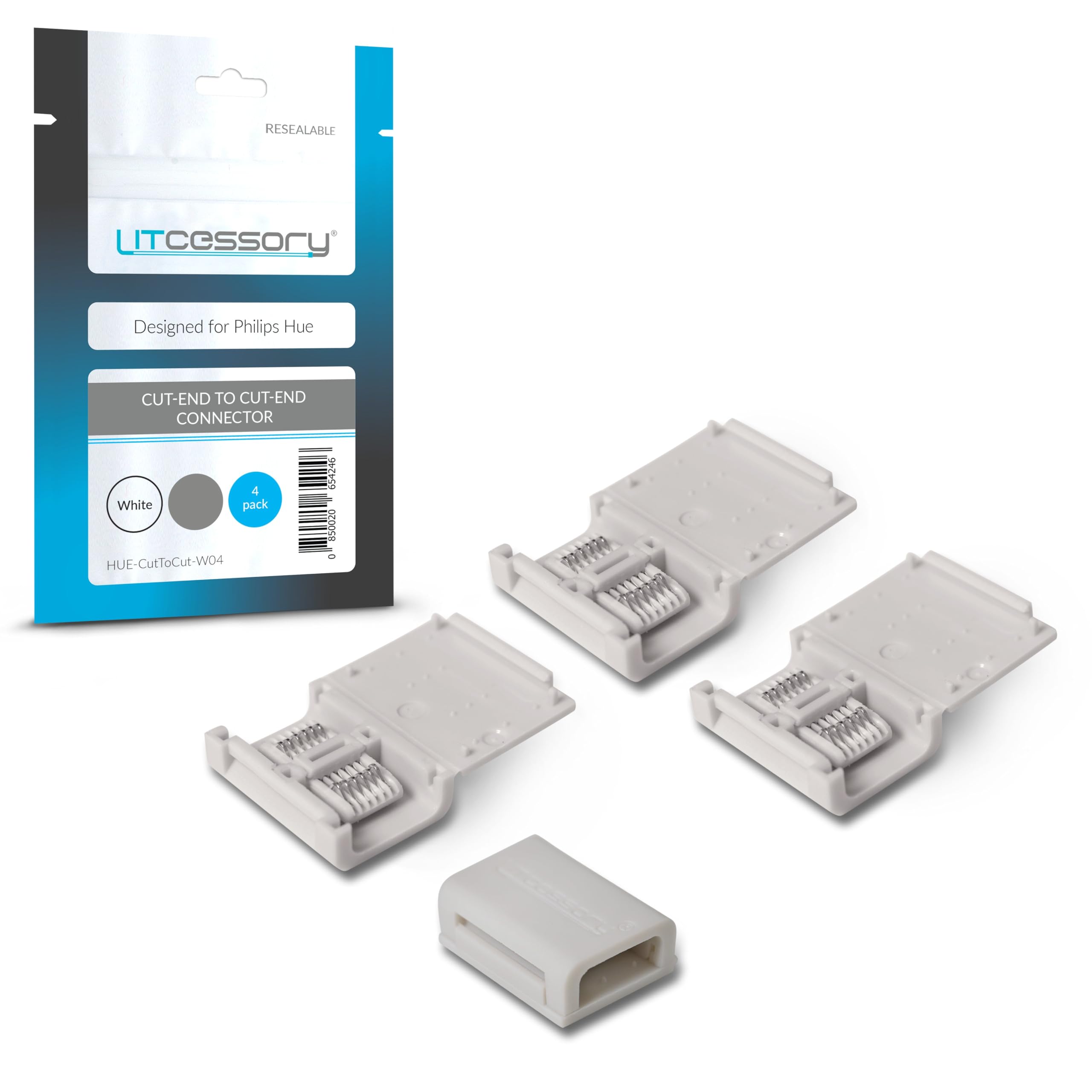 Litcessory Cut-End to Cut-End Connector for Philips Hue/Solo Lightstrip (4 Pack, White - Micro 6-PIN V4 / Solo Lightstrip)
