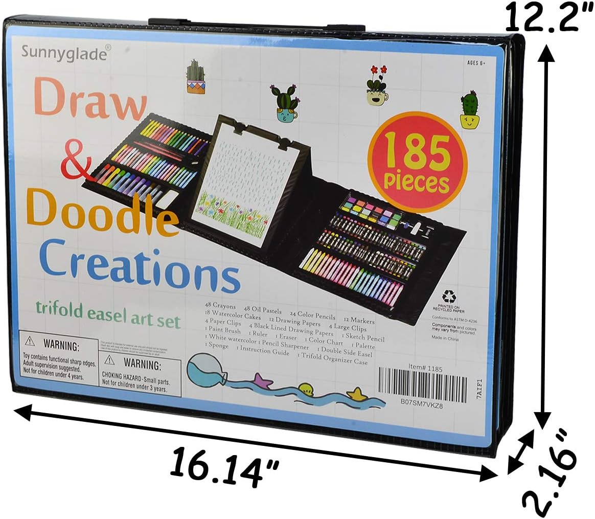 Sunnyglade 185 Pieces Double Sided Trifold Easel Art Set, Drawing Art Box with Oil Pastels, Crayons, Colored Pencils, Markers, Paint Brush, Watercolor Cakes, Sketch Pad