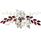 Bride Wedding Hair Comb Crystal Rhinestone Pearls Silver Leaf Hair Piece Accessories for Women Girls Homecoming Party (Red)