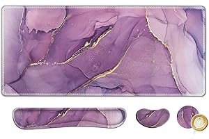 AIMSA Large Gaming Mouse Pad Set, Keyboard Wrist Rest Support Mouse Pad, Ergonomic Memory Foam Multifunctional Extended Desk Mat 35x15.7in Anti-Slip Rubber Base for Office Home, Purple Marble