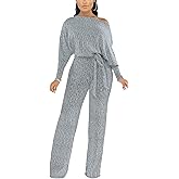 DinyIn Sexy Deep V Neck Long Wide Leg Pant for Women Casual Solid Jumpsuits Plus Size Romper with Belt