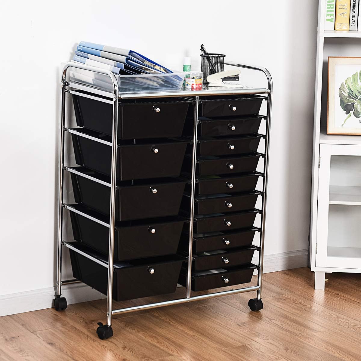Giantex 15 Drawer Rolling Storage Cart Tools Scrapbook Paper Office School Organizer, Black: Home Improvement