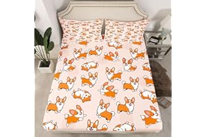 Feelyou Dog Printed Bedding Set for Girls Boys Children Cute Pet Dog Bed Sheet Set Kids Cartoon Welsh Corgi Fitted Sheet Decorative Animal Theme Bed Cover Twin Size 2Pcs