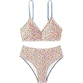 SOLY HUX Bathing Suit for Women Floral Print Swimsuit V Neck Spaghetti Strap Two Piece Bikini Sets