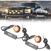 Xprite White Amber LED Hideaway Strobe Lights Kit with 14 Flash Patterns, Surface Mount Headlight Taillight Grill Flashing Light for Construction Towing Snow Plow Pickup Work Trucks Cars - 2PCS