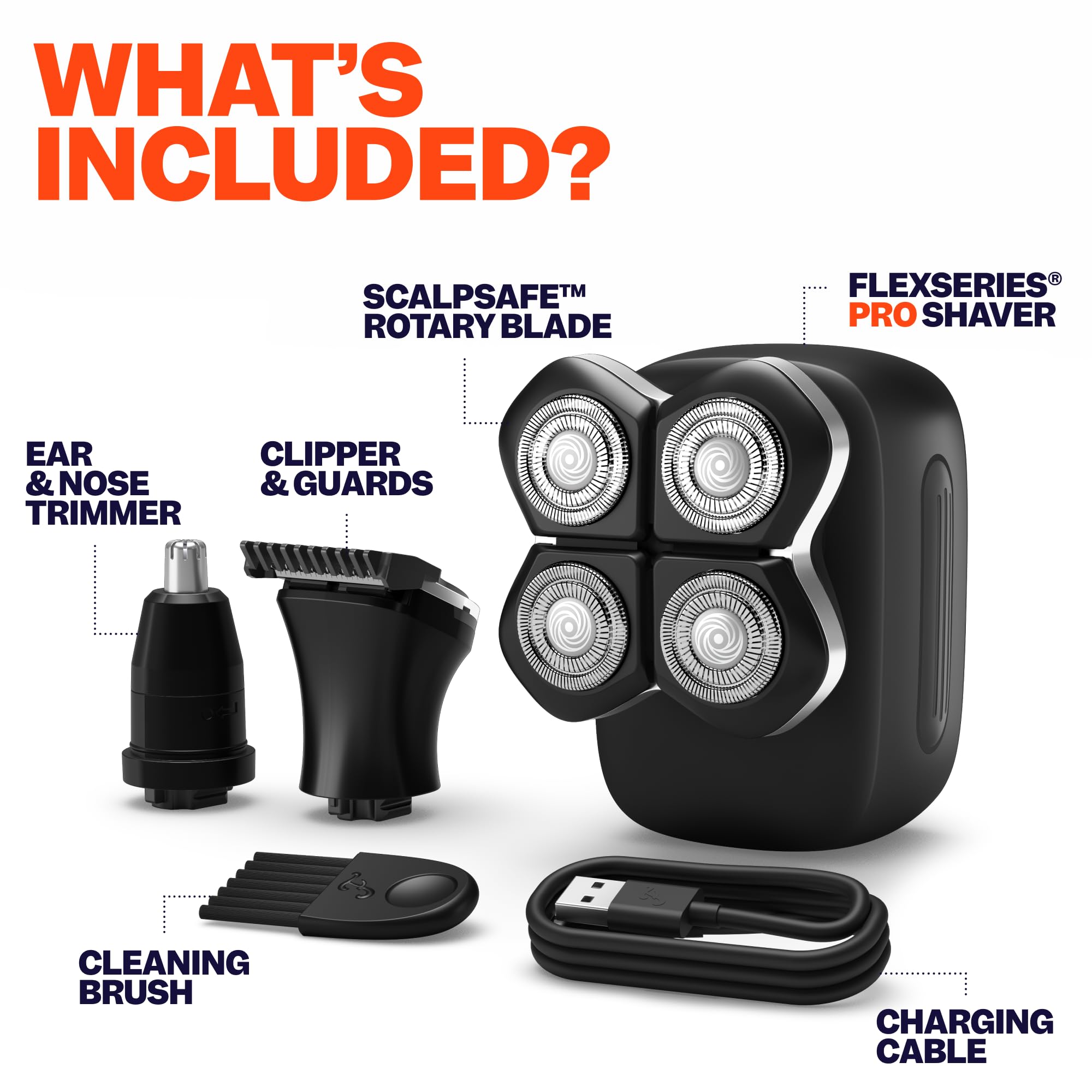 Freebird FlexSeries Pro Electric Head & Body Shaver - Mens Cordless Rechargeable Wet/Dry Skull Bald Head Back & Groin Waterproof Razor with Rotary Blades, Clippers, Nose Trimmer, Brush, Massager