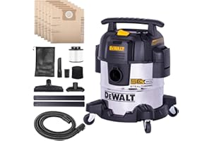 DEWALT 5 Gal Stealthsonic Shop Vacuum Wet and Dry, Ultra-Quiet Stainless Steel Shop Vac, 4 HP Heavy-Duty Vacuum Cleaner with Complete Accessory Kit and 6 Dust Bages for Home, Workshop, Garage, Car