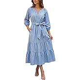 PINUPART Women's Casual Linen V-Neck Puff Sleeve Belted Tiered Maxi Dress with Pockets