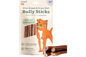 WOOF Bully Sticks Dog Treats - Chew Sticks for Dogs - Long-Lasting Dog Chew Treats - Made with Free-Range, Grass-Fed Beef - 6" Sticks - 5pk