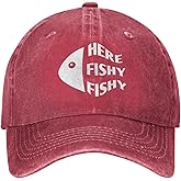 QVXHKP Funny Fishing Hat Here Fishy Fishy Fishy Hat Women Dad Hats Graphic Hat Red