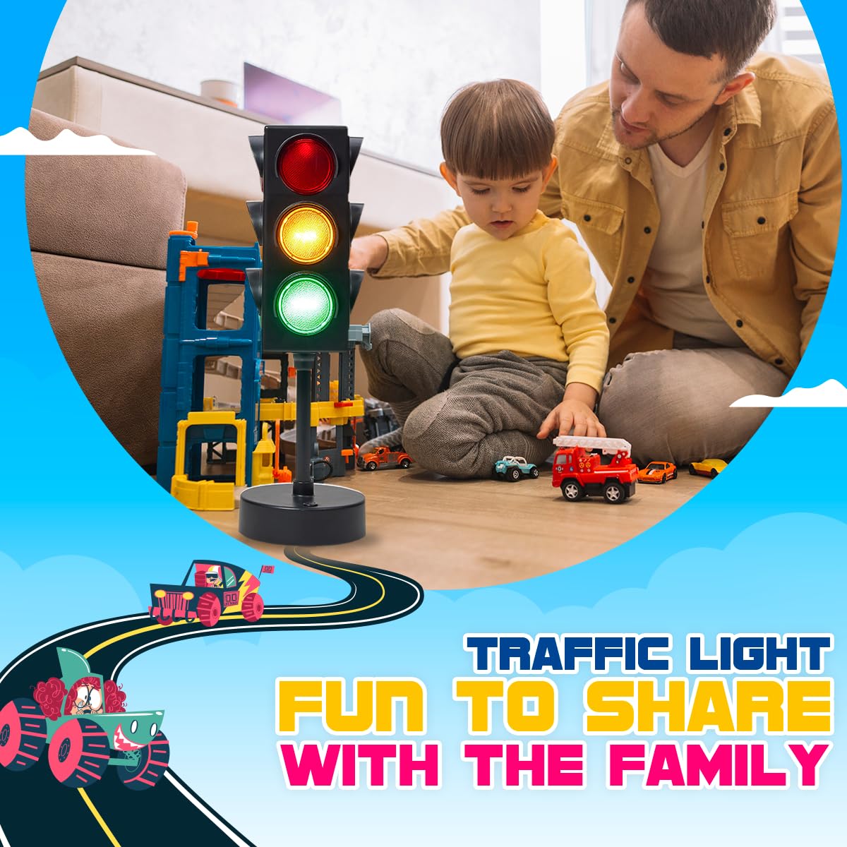 Playbees Mini Traffic Light Lamp with Base 11 inches Vibrant Decoration Working with Batteries or USB-C Traffic Light Blinking Modes Decoration for Bedrooms Stop Sign Room Decor