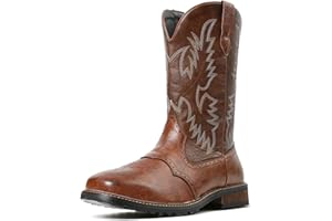 femflame Cowboy Boots For Men Square Toe Leather Western Boots Classic Embroidered Durable Slip Resistant Chunky Heel Pull On Distressed Work Boots