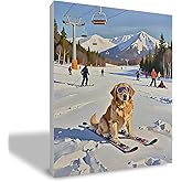XIVENHAVM Winter Golden Retriever Skier Framed Canvas Wall Art, Gifts for Golden Retriever Lovers, Winter Sport Skiing Dog Poster Paintings Wall Decor for Home Office Gym Sports Room, 11x14 Inch
