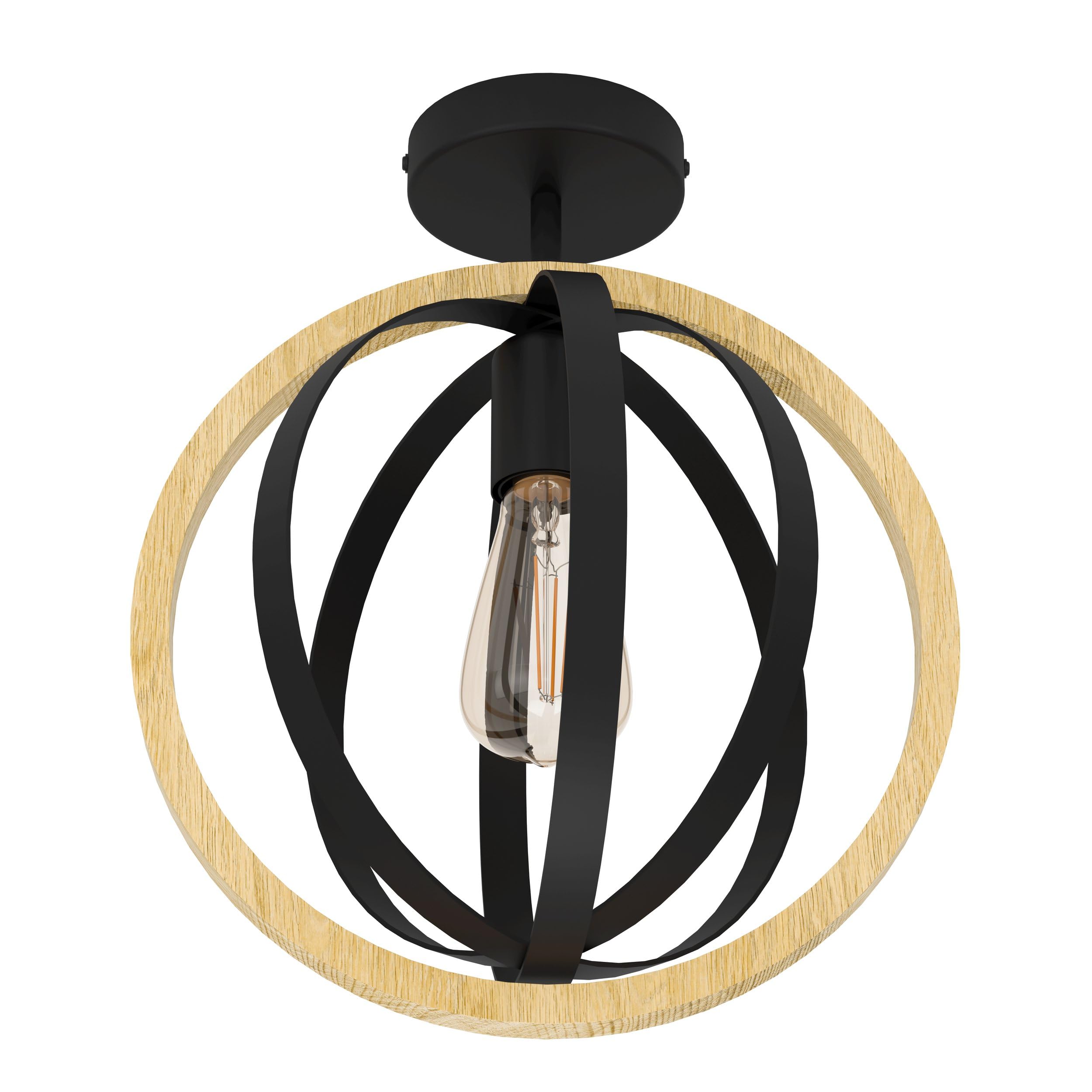 Eglo Ceiling Light Fitting Basildon, semi-Flush Mount Ceiling lamp in Ring Design, Round Living Room Lighting Made of Wood and Black Metal, FSCM70HB, E27 Socket