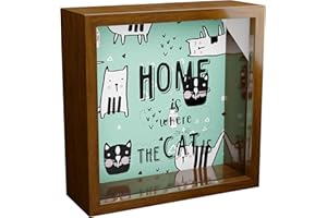 AMERICAN LUXURY GIFTS Home Is Where- Cat Is - Shadow Box Wall Decor, Wooden Kitten Themed Display Case Perfect Wall Art for Home Decor, Office Decor, Living Room & Dorm Decor. Fun Piggy Bank Gifts for Cats Lovers! (6x6x2)